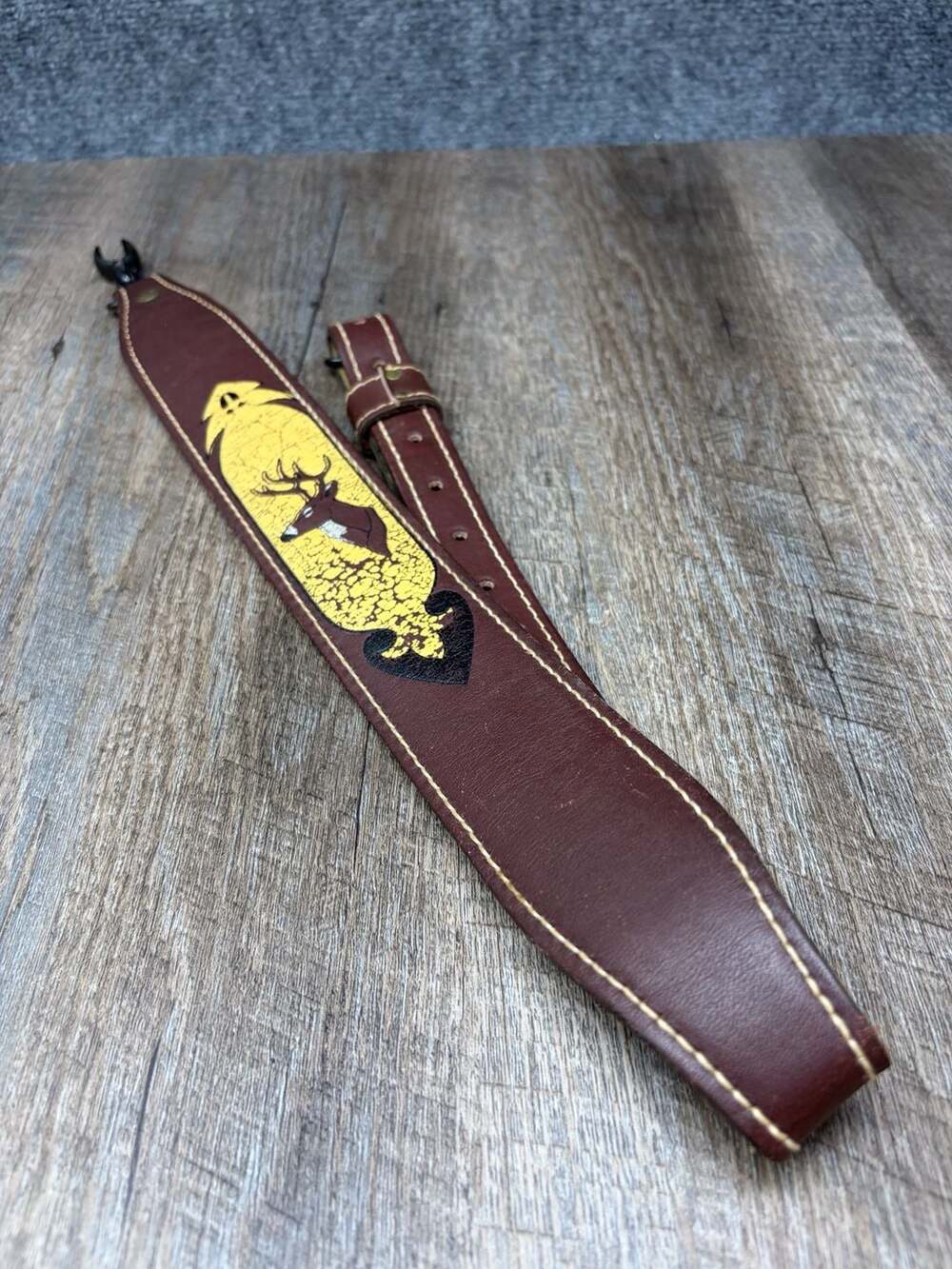 Vintage Tooled Painted Leather Rifle Sling, Riveted Adjustable Buck Deer Worn-In